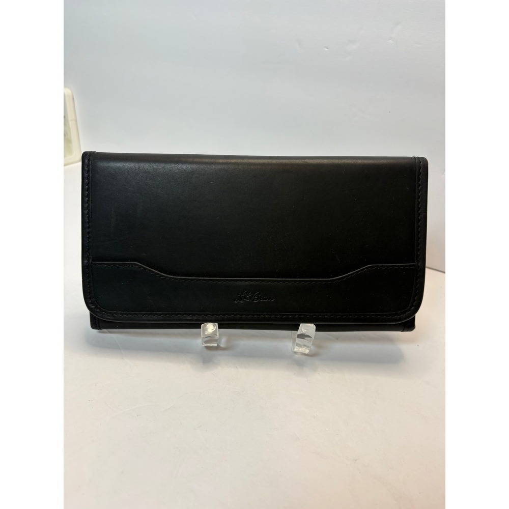 Vintage LL Bean Black Leather Trifold‎ Checkbook Wallet Plaid Lining Mens Womens